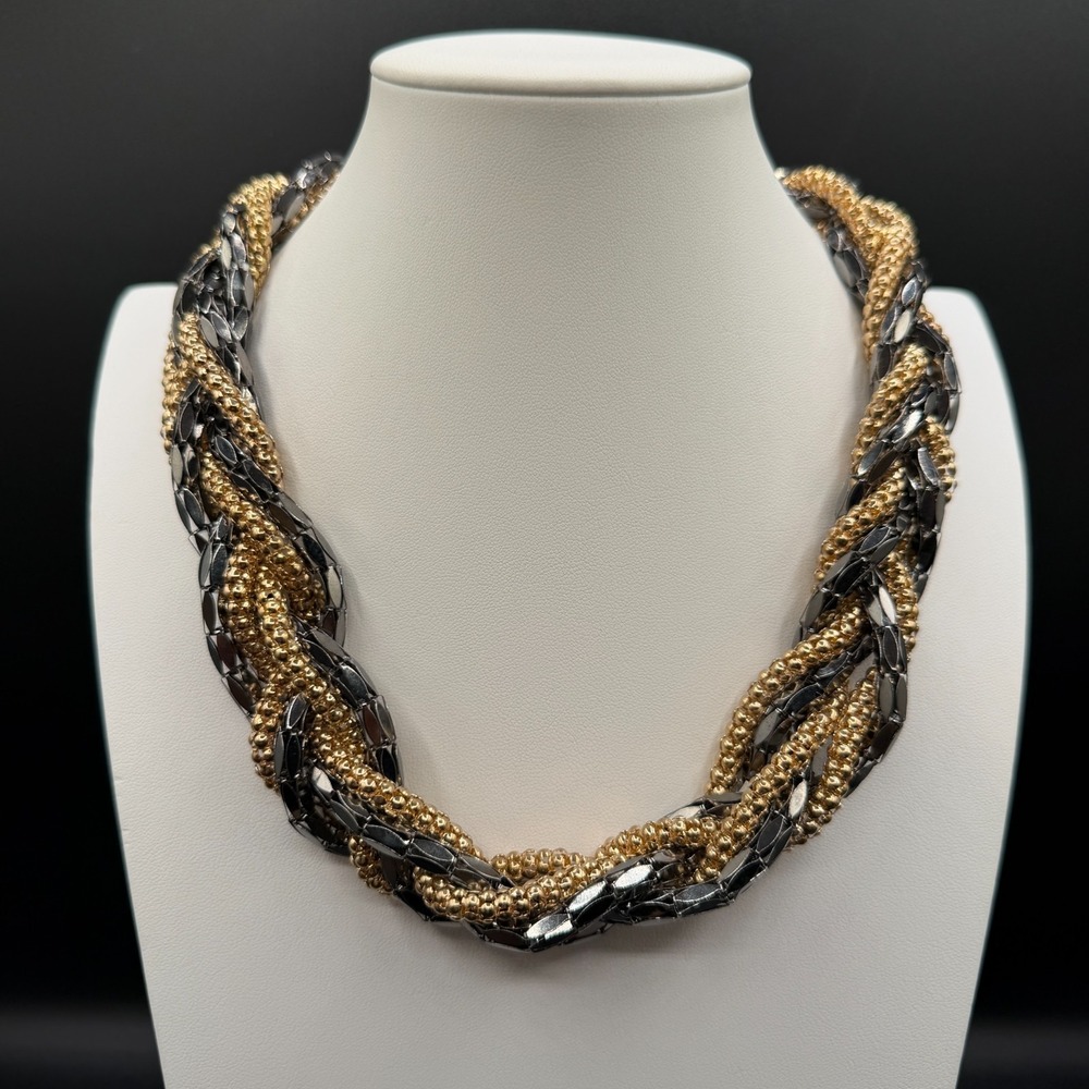 Gold Tone Gunmetal Braided Multi Strand Chunky Statement Necklace Layered Glam